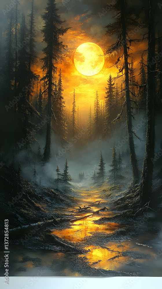 Poster forest illuminated by a huge moon reflecting in waters misty landscape dark trees frame a river path