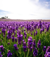 Fototapeta premium Vast field of purple lavender flowers under a bright sky, fragrance, color, image