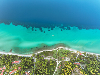 Picturesque aerial capture of Kassandra Halkidiki Greece, summer beach resort, scenic seaside...