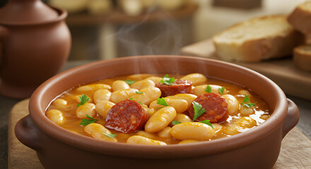 Traditional Asturian Fabada Stew: A Hearty Dish of White Beans, Chorizo and Delicious