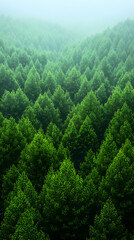 Fototapeta premium Dense evergreen forest with light mist Rows of trees grow uniformly with subtle light differences Atmospheric immers