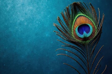 A single iridescent peacock feather against a textured teal backdrop, showcasing its vibrant colors and intricate details.