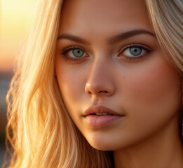 Obraz premium Ethereal Blonde Beauty with Serene Expression in Golden Hour Light with Natural Radiance