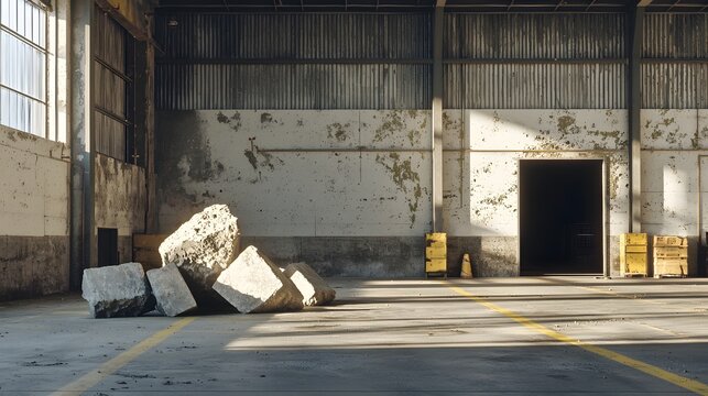 Industrial Interior: A weathered interior of an industrial building, with sunlit concrete blocks scattered on the floor and a glimpse of an open doorway. - Powered by Adobe