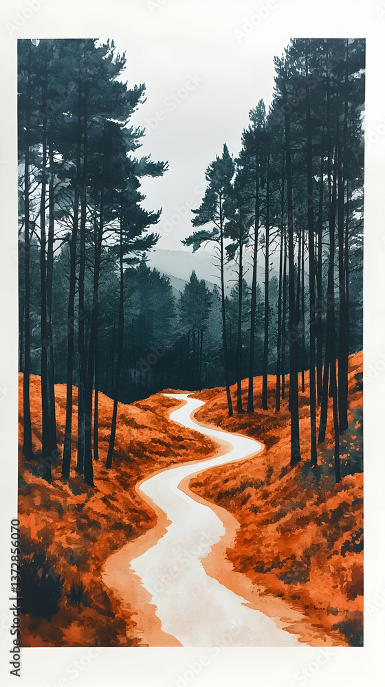 Poster forest path leading into hazy mountains tall trees stand either side of a winding route autumn folia