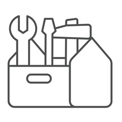 Toolbox with hammer, screwdriver and wrench thin line icon, repair service concept. Vector graphics. Repair tools box sign on white background, outline style icon for mobile or web design.
