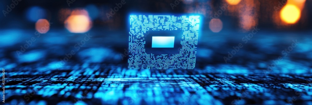 Poster Futuristic digital QR code against a glowing blue background symbolizing advanced financial security and technology innovation in a modern setting