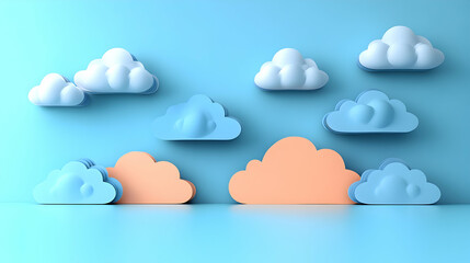 Minimalist scene features puffy blue and white clouds floating against a light blue background creating a whimsical and