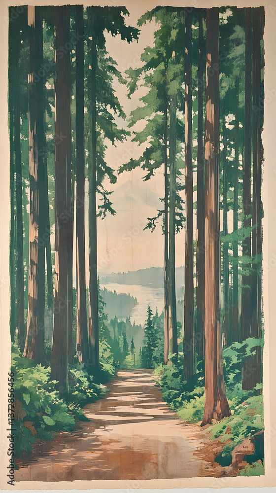 Aufkleber forest path viewtall trees stand sentinela path extends to a distant lake and mountaingreenery thriv