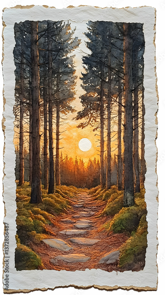 Aufkleber forest path view towards a sunlit horizon painting with light and shadow moss-covered path and paper