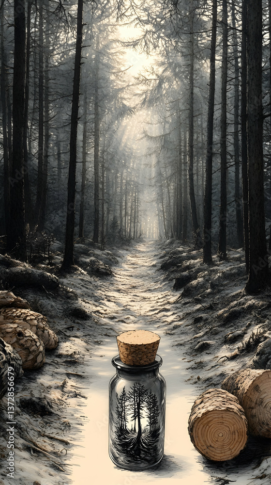 Aufkleber forest path with jar reflection snowy scene of tall trees winter light with logs natures essence in 