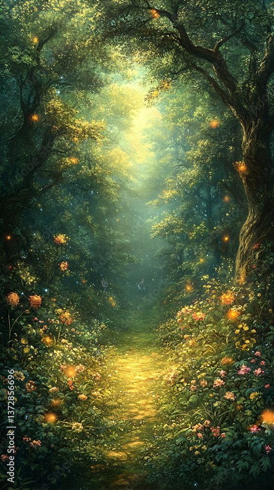 Aufkleber forest path with golden light surrounded by trees flowers and fireflies creating a magical and encha