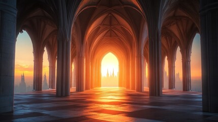 Fototapeta premium Sunrise Through Gothic Arches: A Serene Dawn