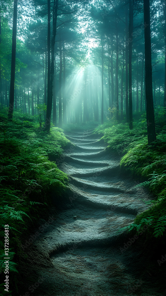 Aufkleber forest path with sunlight filtering through trees and green ferns covering ground creates mystical e