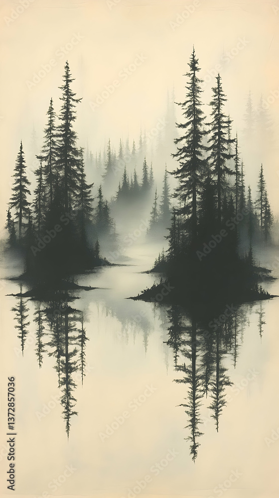 Aufkleber forest reflection in still water under a misty sky evokes feelings of solitude and introspection in 