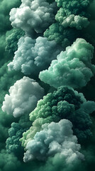 An abstract scene is unfolding featuring dense formations resembling billowing clouds in shades of green and white to