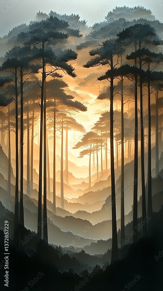 Poster forest scene at dawn with tall trees creating a tranquil misty atmosphere and a bright golden light 