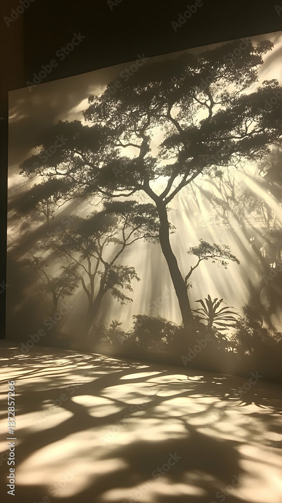 Poster forest scene bathed in ethereal light with shadows creating a serene yet mysterious ambience on the 