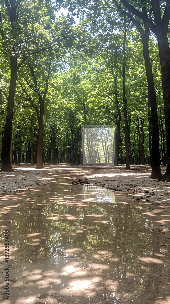Aufkleber forest scene featuring lush trees a reflective pool and a mirrored cube reflecting the surrounding w