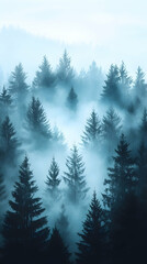Obraz premium Misty forest scene with tall evergreen trees fading into the hazy atmosphere creating a serene dreamy landscape
