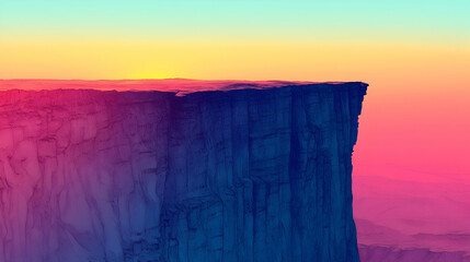 Dramatic cliff face at sunset with vibrant pink blue and yellow hues An illustration with crisp lines  texture