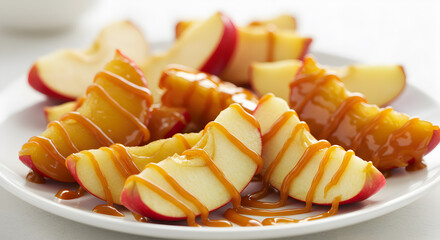 Delectable caramel apple slices arranged on a pristine white plate delighting