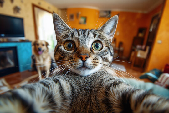 Humorous cat taking selfie indoors with pet dog in cozy home setting for pet lovers