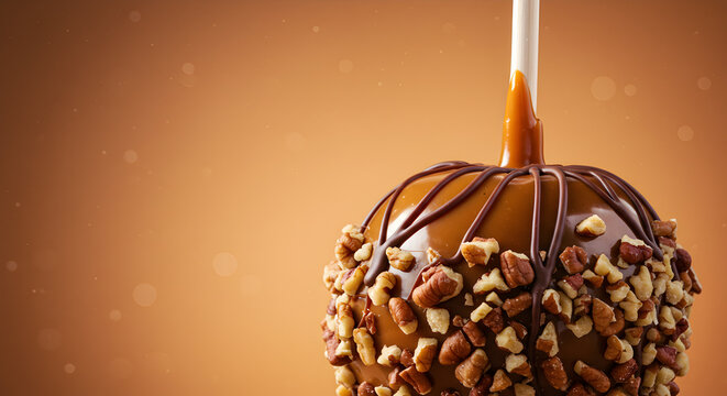 Enticing caramel apple adorned with nuts and drizzled with chocolate elegance