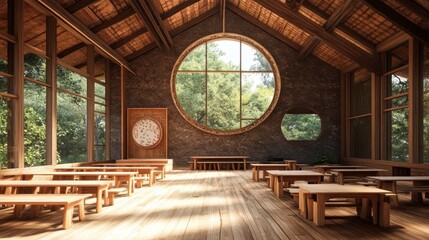 Obraz premium Interior view of a wooden hall with rows of benches