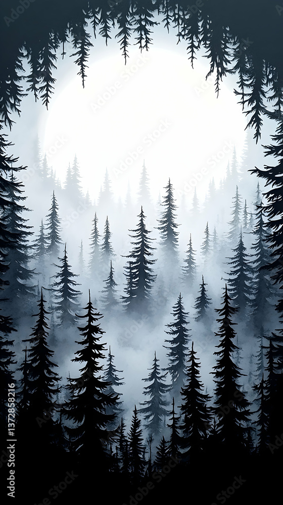 Poster forest scene with tall pine trees silhouettes in fog set against a light background for contrast and