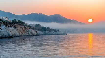 Serene coastal scene with mountains fog calm ocean cliffside structures and the sun rising creating a soft and tran