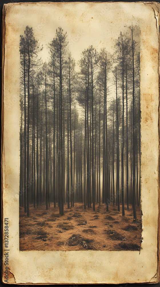 Poster forest scene within weathered book pages presenting a view of trees with a bed of needles on the gro