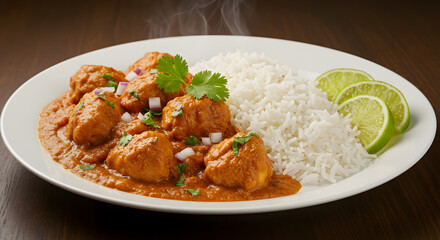 Exquisite chicken tikka masala accompanied by fluffy basmati rice and zesty limes