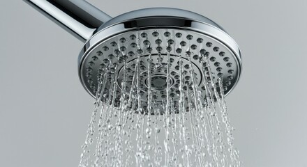 A close-up view of a high-pressure water-saving showerhead with water flowing, showcasing modern design and efficiency for eco-friendly bathrooms