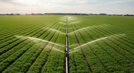 A lush green field features an advanced irrigation system that efficiently waters the crops under a bright sky