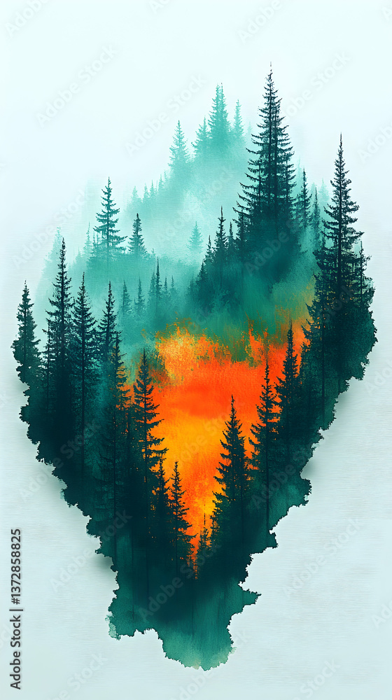 Poster forest silhouette with orange fire-like element in center tall coniferous trees in the background fo