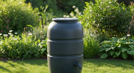 Rainwater collection barrel stands prominently in a lush green garden, showcasing an eco-friendly solution for gardening and water conservation