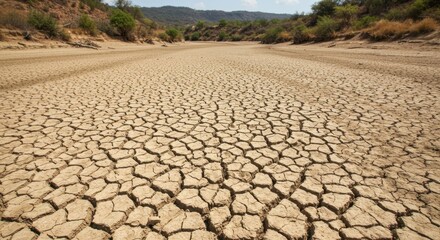 A drying riverbed reveals cracked earth, symbolizing the severe impact of water scarcity on landscapes and ecosystems