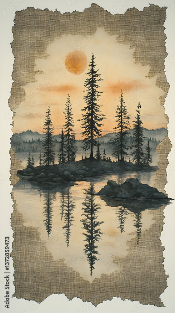 Poster forest trees reflected in the still water under a peach sky all within a textured torn border creati