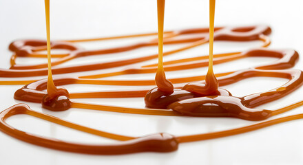 Elegant swirls of glossy caramel sauce drizzled on a pristine white surface