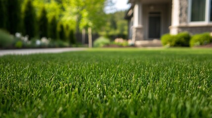 a close up of a lawn with a house in the background