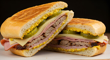 Delectable close-up of a Cuban sandwich featuring pickles and mustard layers