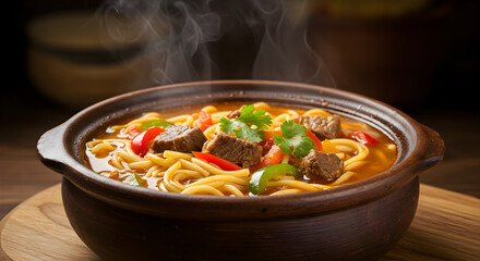 Delicious Bowl of Bolivian Aj? de Fideo Noodle Soup with Beef and Vegetables