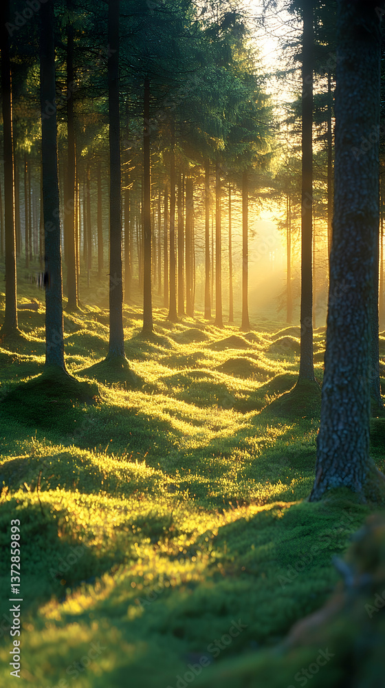 Poster forest with a ground of moss and light shining through the trees creating a peaceful and calm mornin