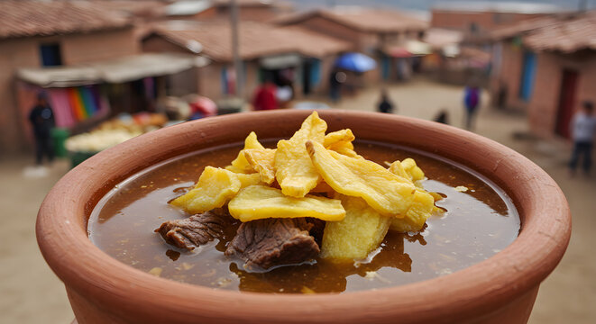 Traditional bolivian chairo soup served in clay bowl against blurred village background