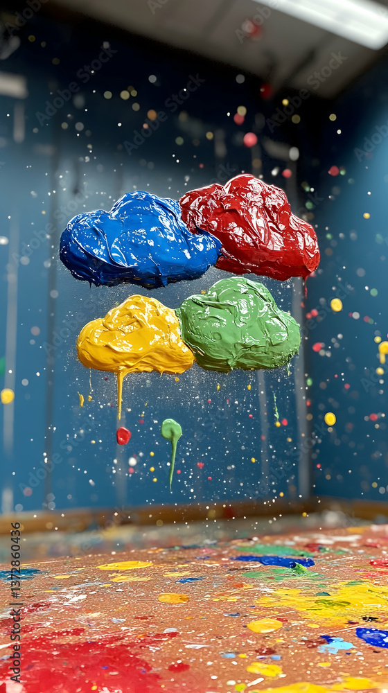 Poster four colorful lumps of paint hover each a different hue against a blue backdrop with matching colors