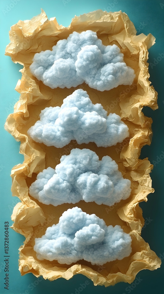 Poster four fluffy blue clouds float in the tan folded paper against a blue backdrop showcasing texture and