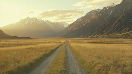 Obraz premium Golden hour, mountain valley road. Vast, open, golden grassland path through majestic snowy peaks. Serene, peaceful, and inspiring