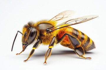 Detailed close-up of a realistic bee with vibrant colors on a light background