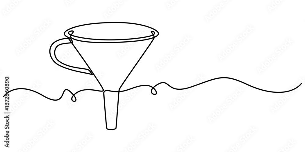 Poster funnel with handle continuous one line drawing, continuous line art of an oil funnel, funnel black s